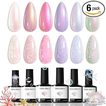 modelones Pearl Gel Nail Polish Set, 6 Colors 2026 Spring Summer Aurora Iridescent Shimmer White Pink Purple Blue Mermaid Nail Glitter Gel Polish LED Swirl Shell Effect with Dotting Pen DIY Gift