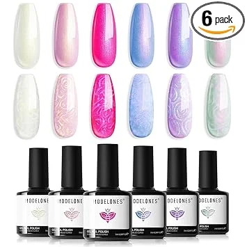 modelones Pearl Gel Nail Polish Set, 6 Colors Ocean Shimmer White Hot Pink Purple Blue Green Mermaid Glitter Gel Polish Soak Off Nail Drawing Swirl Shell Thread Effect DIY Gift