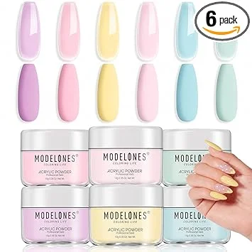 Modelones Pink Acrylic Powder 6 Colors Acrylic Nail Powder Kit Pastel Yellow Blue Purple Macaron Spring Nail Acrylic Cover Powder for Nail Art Extension No Nail Lamp Needed