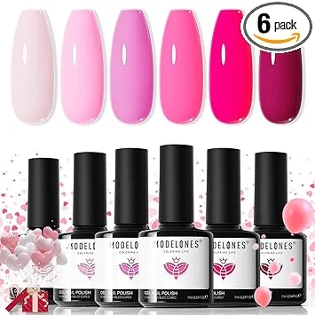 modelones Pink Gel Nail Polish Set- 6 Colors 2026 Summer Spring Pastel Hot Pink Tones Neon Milk Pink White Gel Polish Magenta Light Soft to Dark LED Nail Art for Nail Lovers Gift DIY Starter Kit