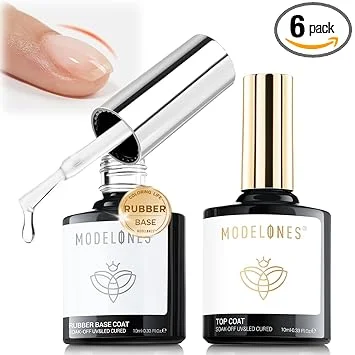 modelones Rubber Base Top Coat Set, Builder Nail Gel No Wipe Glossy 2Pcs Clear Gel Polish Strengthener for Apex Building Nail Glue Long Lasting Shiny Protect Thin Weak Nails Soak Off U V Manicure Gift