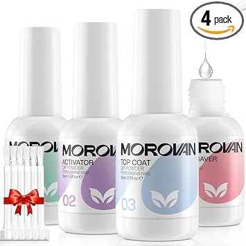 Morovan Dip Powder Liquid Set with Activator Base Top Coat and Dipping Powder Brush Saver 4pcs 0.5oz for Dip Nail Kit