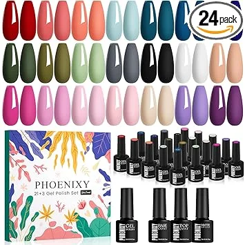 PHOENIXY 24 PCS Gel Nail Polish Set, 21 Colors Gel Nail Polish Kit with Base Glossy Matte Top Coat Black Gray Red Valentine Nail Kit Gifts for Women