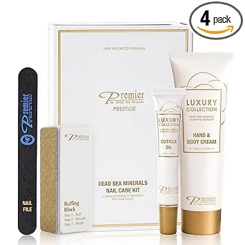Premier Dead Sea Nail Care Kit - Strengthening, Nourishing & Shine, Spa-Quality Manicure & Pedicure Set for Women with Dead Sea Minerals, Cuticle Oil, Hand Cream, Buffer & File, 4-Piece