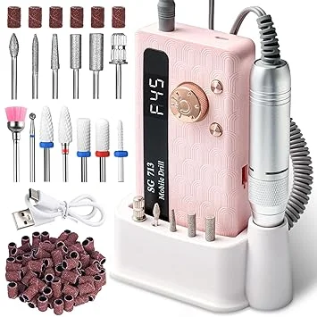 Professional Nail Drill Kit 45000RPM, Portable Electric Nail File with 13 Bits & 56pcs Sanding Bands,LED Screen,Ultra-Silent, Rechargeable Nail Drills Machine for Acrylic Nails Gel Polishing (Pink)