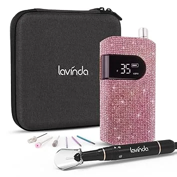 Professional Nail Drill Machine, Lavinda 35000RPM Electric Nail File for Acrylic Gel Nails, Cordless Portable Nail Drill Kit with Coreless Motor, Manicure Pedicure Shape Tools (Diamond, Pink)