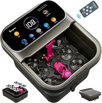 Ranjova Foot Spa Electric Rotary Massage, with Touchscreen Pro Color Display, Collapsible Foot Bath with Heat, Bubble,Remote Control, Temp Control, and 24 Motorized Shiatsu Massage Balls (Dark Grey)