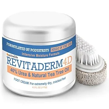 Revitaderm 4D 40% Urea Advanced Foot Cream for Cracked Heels & Dry Skin, Intensive Repair for Rough, Callused Feet, Fast Absorbing, Fragrance Free, Made in USA, 4 oz with Pumice & Brush, 1 Pack