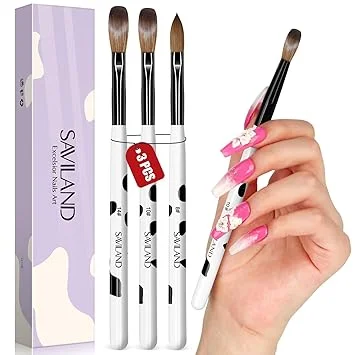 Saviland 3pcs Acrylic Nail Brush Set, Size 8/10/14 Kolinsky Acrylic Nail Brushes for Acrylics Application, Acrylics Powder Nails Art Extension with Black & White Handle for Beginner & Professional
