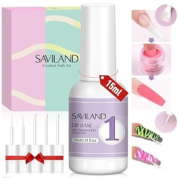 SAVILAND Dip Powder Base: Vitamin E Ultra Adhesive Dip Foundation Coat for Refill Dip Powder Liquid Set HEMA-free Nail Kit with 2 Liner 3 Replacement Brush for French Nail Art Beginner Home Salon DIY
