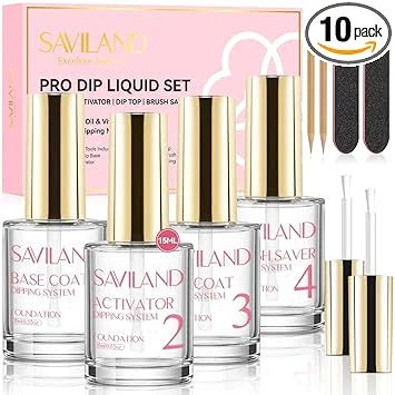 SAVILAND Dip Powder Liquid Set 15 ml/0.5 oz,10 Pcs Nail Dip Liquid Set with HEMA-free Base/Top Coat, Activator Brush Saver Acrylic Gel Nail File No Curing Needed DIY Home Salon Quality