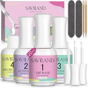 SAVILAND Dip Powder Liquid Set: 20 ml Ultimate Nail Dip System Essentials Liquid Large Capacity HEMA-free Dipping Base Activator Top Coat Brush Saver No Curing Needed for DIY Home Manicure