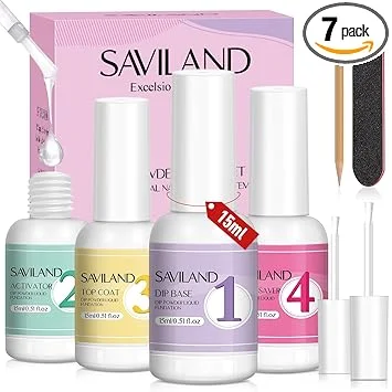 SAVILAND Dip Powder Liquid Set: 4 Pcs Nail Dip Liquid Set with HEMA-free Base Activator Top Coat and Brush Saver 15 ml/0.5 Fl.oz Dipping System Essentials No Curing Home Use DIY Salon Art