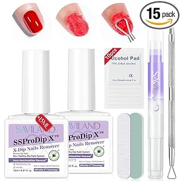 SAVILAND Dip Powder Remover 2 Pcs: Professional Dip Nail Remover Kit Gentle & Safe Remove Dip Nails With Cuticle Oil Nail File Tools No Need Soaking Or Wrapping 0.5 Floz Home Use