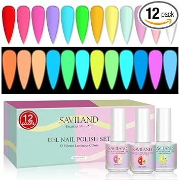 SAVILAND Glows in The Dark Gel Nail Polish Set - 12 Halloween Colors Luminous Neon Nail Gel Polish Set Soak off U V/LED Glow Effect Nail Polish for DIY Nail Art Design Holiday Gifts for Women