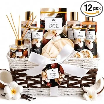 Spa Gift Basket for Women, Coconut & Vanilla 12-Piece Bath Gift Set with Shower Gel, Shampoo, Bubble Bath, Diffuser, Bath Bombs & Lotion, Birthday Gifts for Her