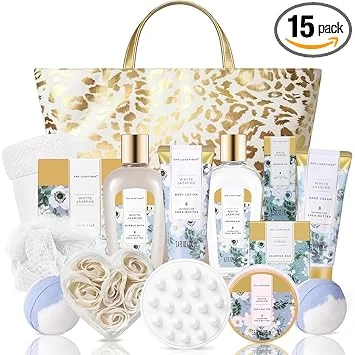 Spa Luxetique Gifts for Women 15pcs White Jasmine Gift Baskets for Women Luxury Relaxing Spa Kit with Tote Bag Birthday Gifts for Mom Friend Sister Wife Grandma Mothers Day Gift for Her