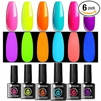 UR SUGAR Glow in the Dark Gel Nail Polish Set, Halloween Neon Hot Pink Yellow Orange Bright Luminous Gel Polish Set Fluorescent 6 Colors Glow in Dark Effect Soak Off Nail Polish Kit for Party Nails