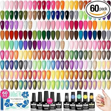 VANREESA 60 Pcs Gel Nail Polish Set, 55 Colors Gel Polish with Base Coat & 4 Effects Top Coat Full-Color Nail Polish Set All Seasons Nail Kit Gifts for Women Girls Nail Salon at Home