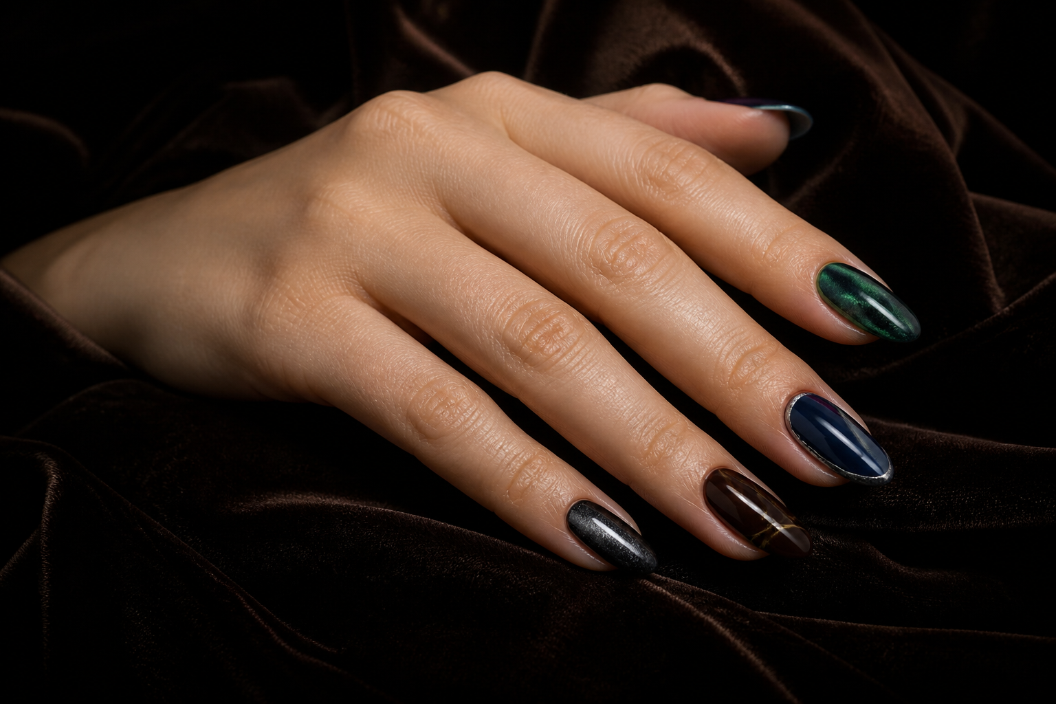 Deep winter nail board with emerald aurora, burgundy cat-eye, navy chrome and cocoa details