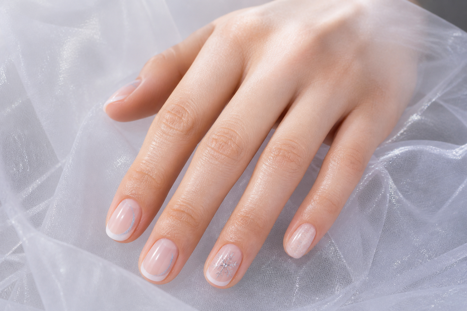 Sheer frost manicure with pearl white tips, silver lines and pale blue accents
