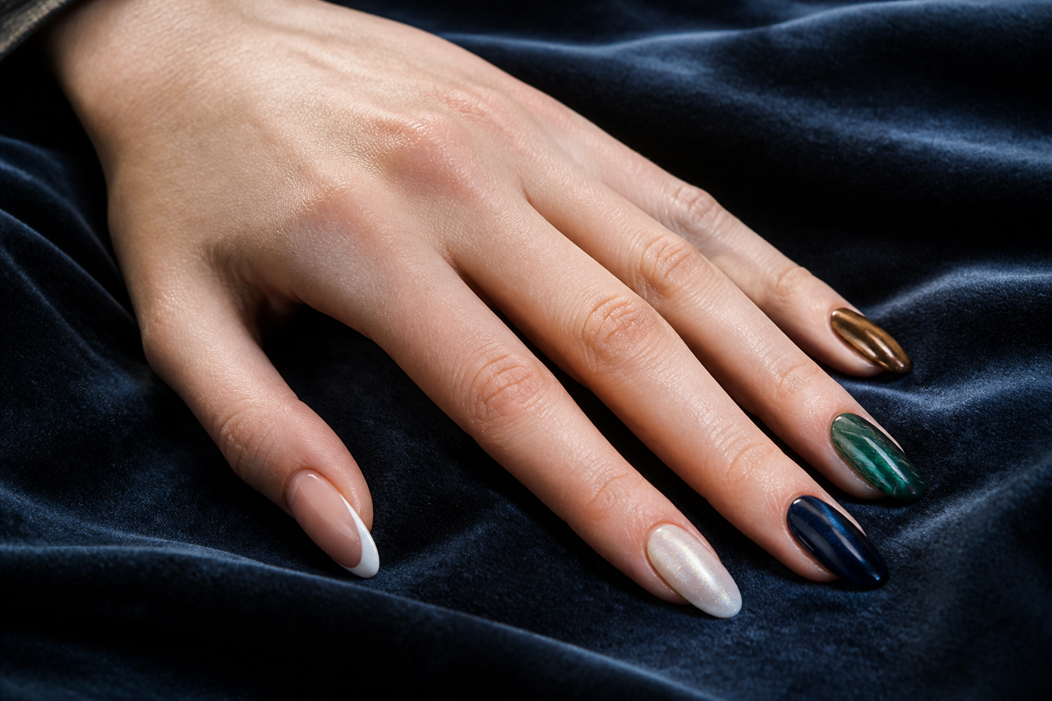 Editorial board of icy winter nail designs in pearl, silver, navy and burgundy